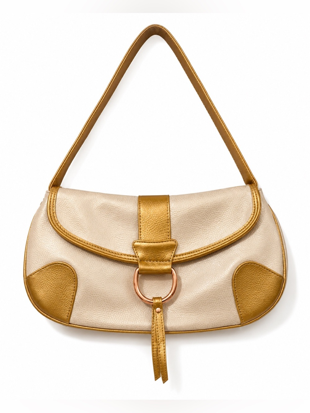 Elizabeth Arden Shoulder Bag Beige Gold Faux Leather Flap Purse Tassel Handbag